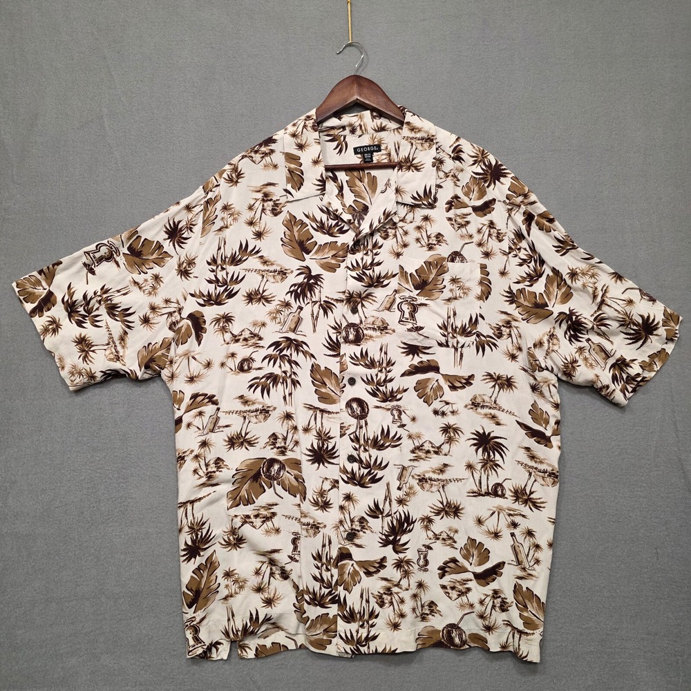 George Mens Brown‎ Hawaiian Button Up Short Sleeve Shirt Size 2XL